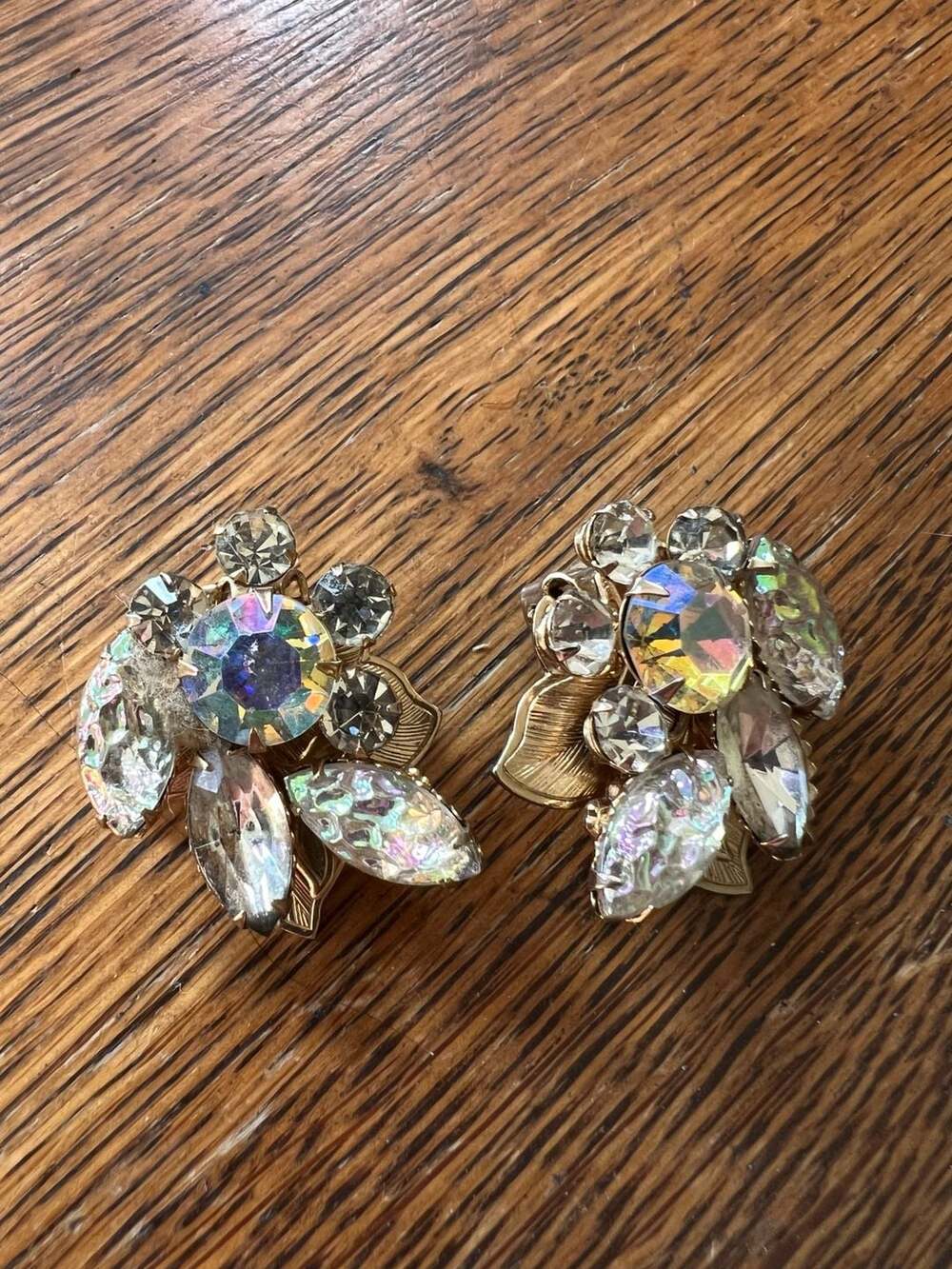 Vintage Judy Lee Signed AB Rhinestone Cluster Gold Tone Clip On Glam Earrings